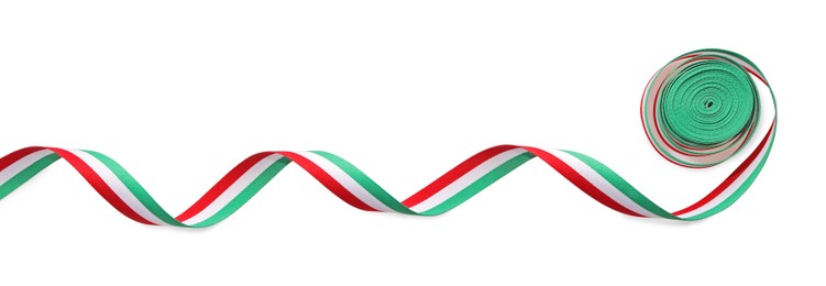 Photo of Ribbon in colors of Italian flag isolated on white, top view