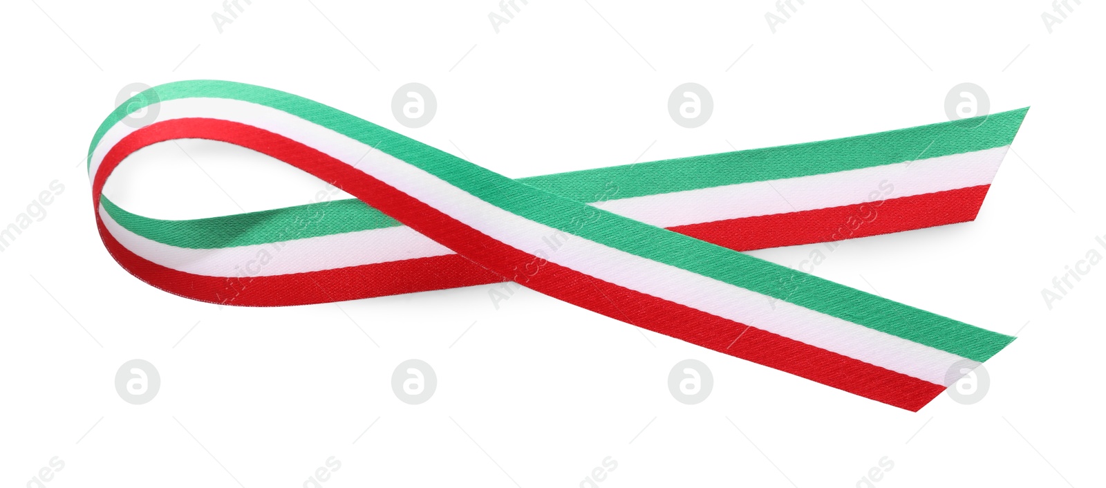 Photo of Ribbon in colors of Italian flag isolated on white, top view