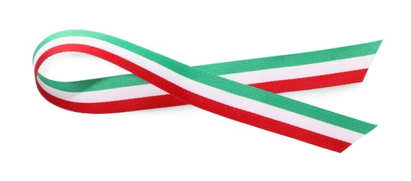 Ribbon in colors of Italian flag isolated on white, top view