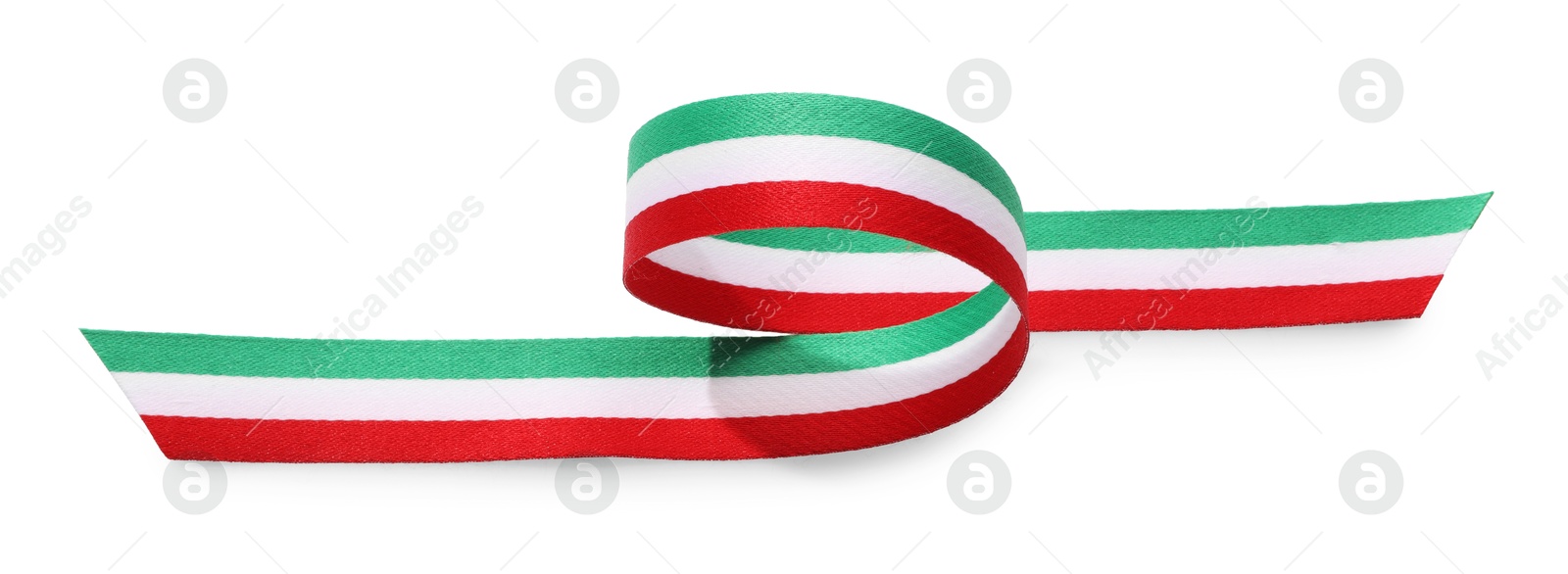 Photo of Ribbon in colors of Italian flag isolated on white, top view