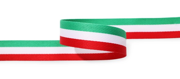 Photo of Ribbon in colors of Italian flag isolated on white, top view