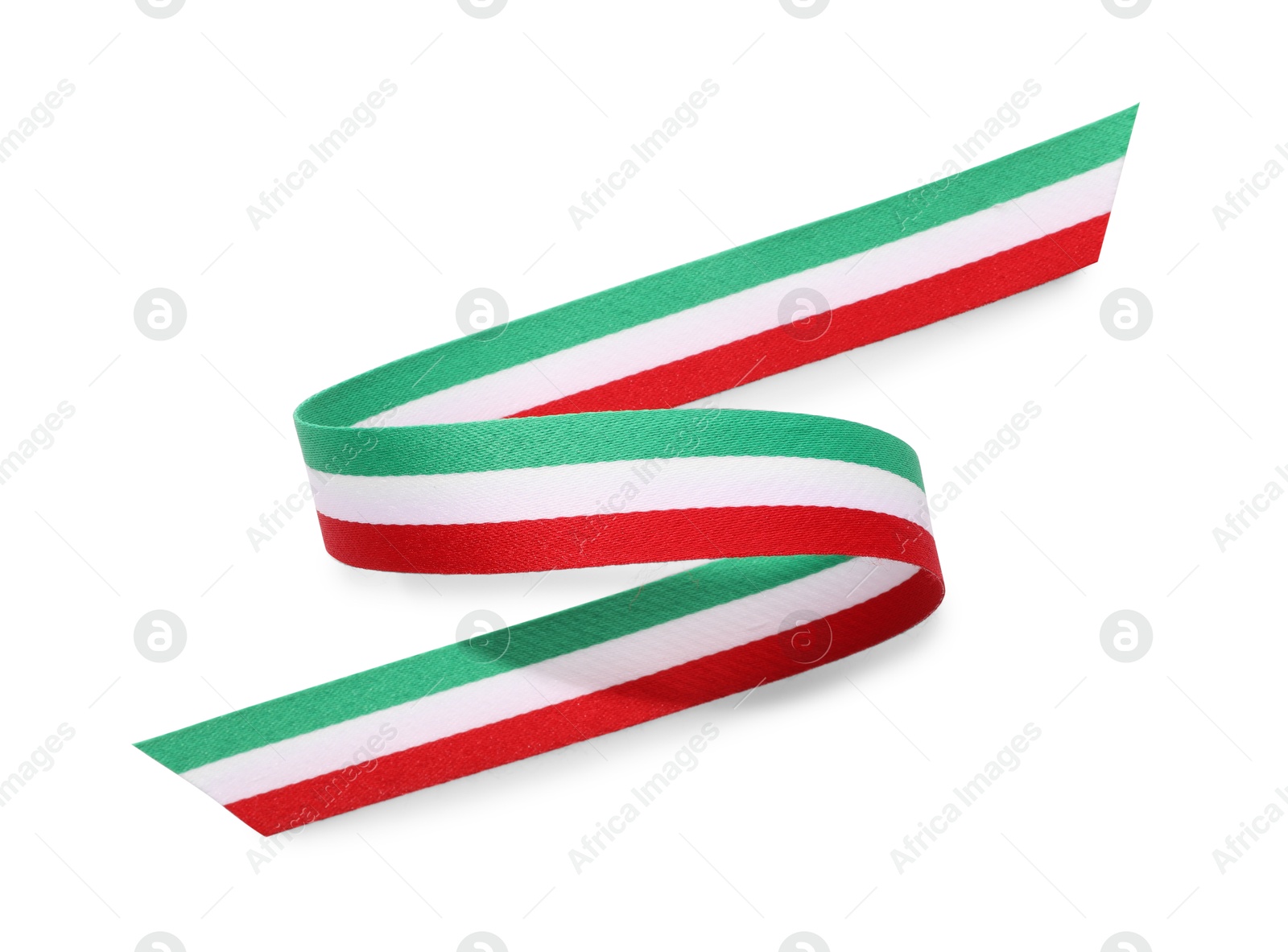 Photo of Ribbon in colors of Italian flag isolated on white, top view