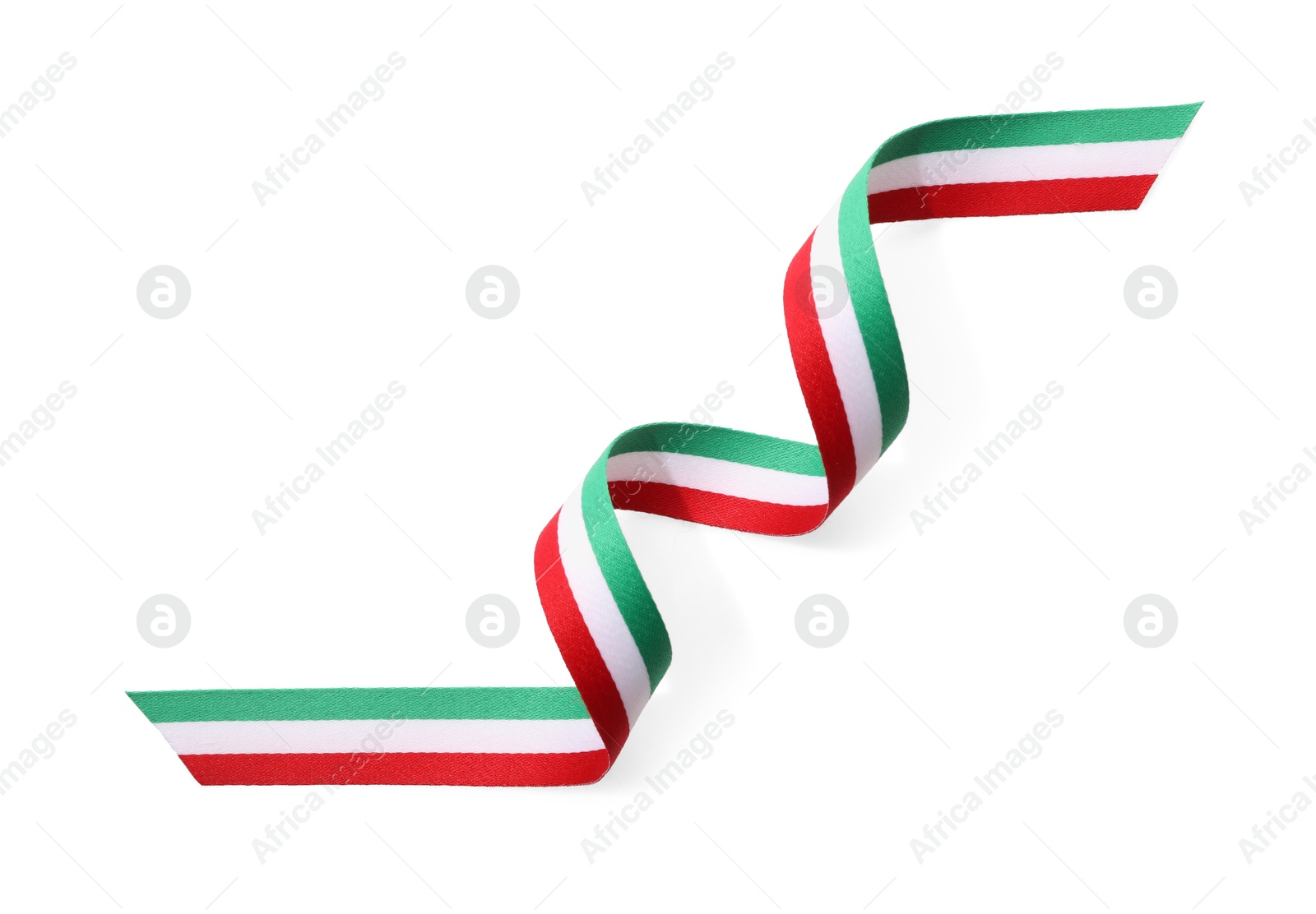 Photo of Ribbon in colors of Italian flag isolated on white, top view