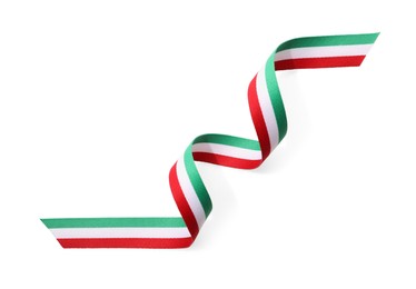 Ribbon in colors of Italian flag isolated on white, top view