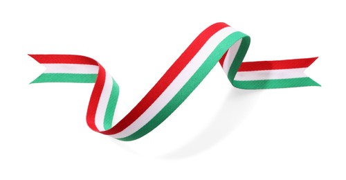 Photo of Ribbon in colors of Italian flag isolated on white, top view