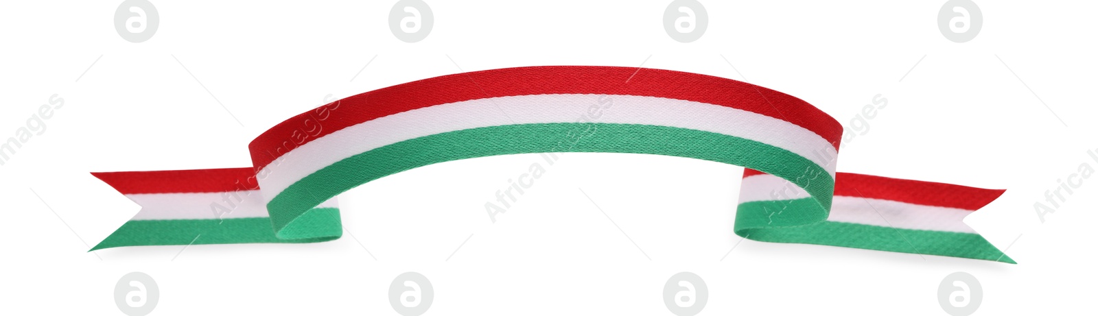 Photo of Ribbon in colors of Italian flag isolated on white, top view