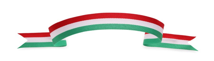 Ribbon in colors of Italian flag isolated on white, top view