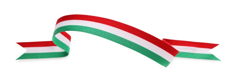 Photo of Ribbon in colors of Italian flag isolated on white, top view