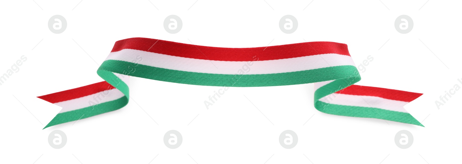 Photo of Ribbon in colors of Italian flag isolated on white, top view