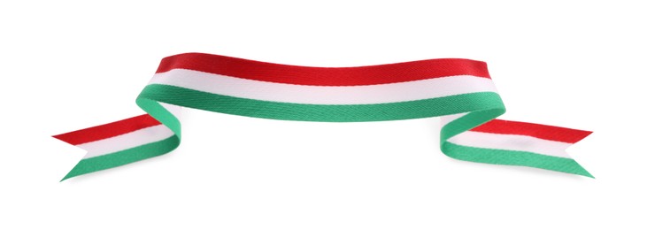 Ribbon in colors of Italian flag isolated on white, top view