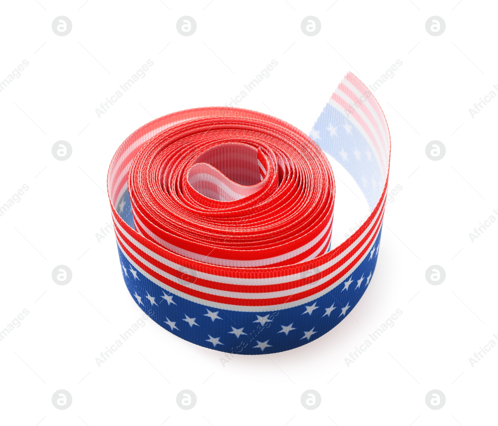 Photo of Roll with ribbon in colors of American flag isolated on white