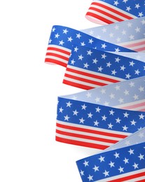 Ribbon in colors of American flag isolated on white, top view