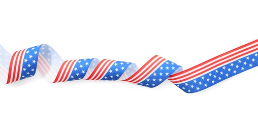 Ribbon in colors of American flag isolated on white, top view