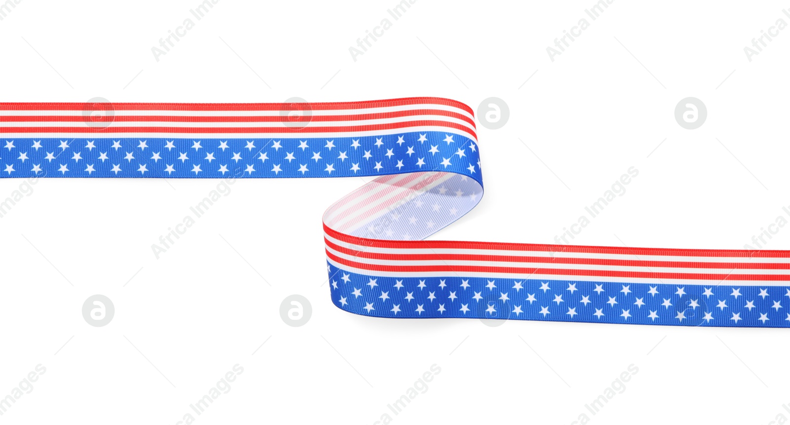 Photo of Ribbon in colors of American flag isolated on white, top view