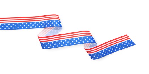 Ribbon in colors of American flag isolated on white, top view