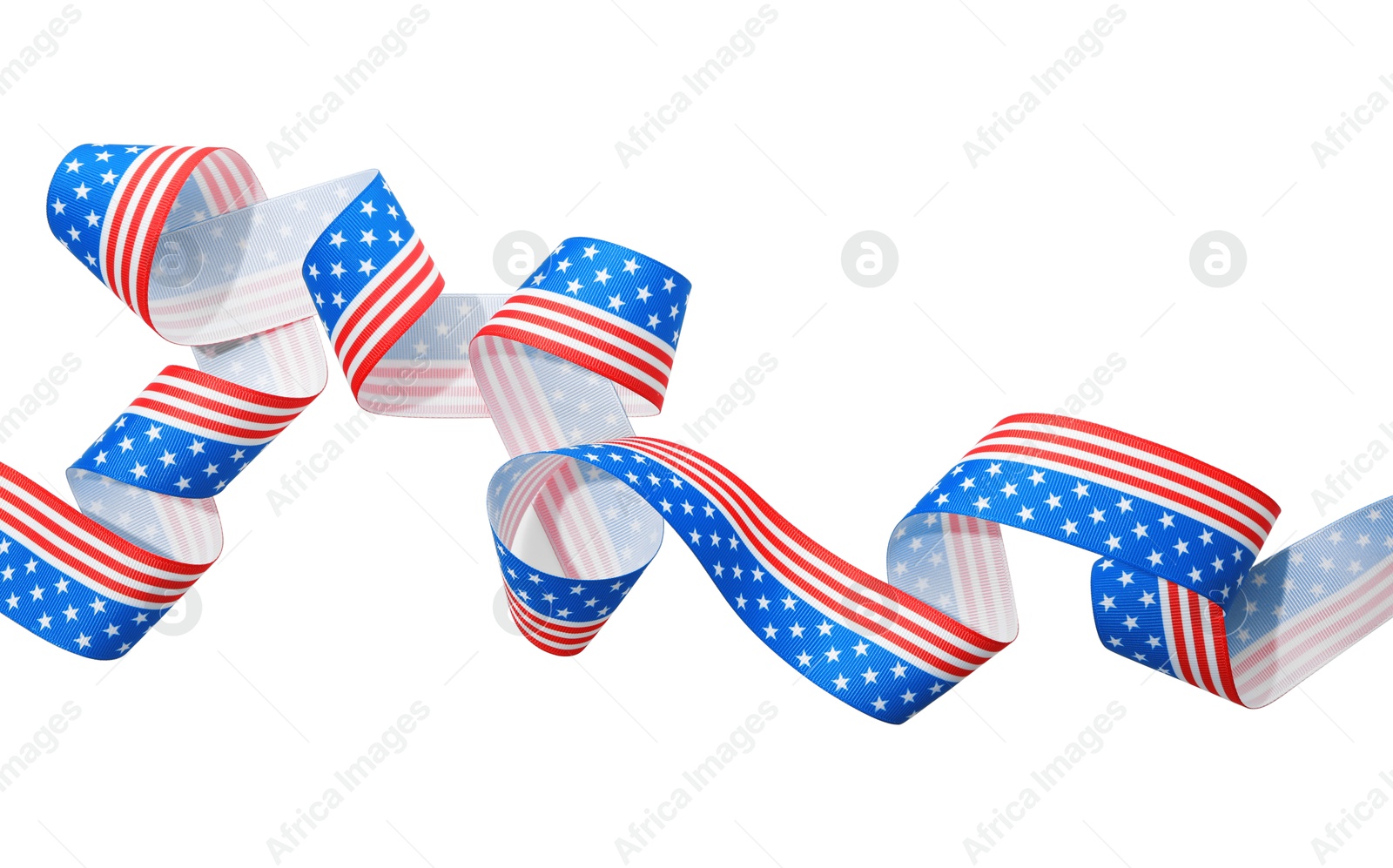 Photo of Ribbon in colors of American flag isolated on white, top view