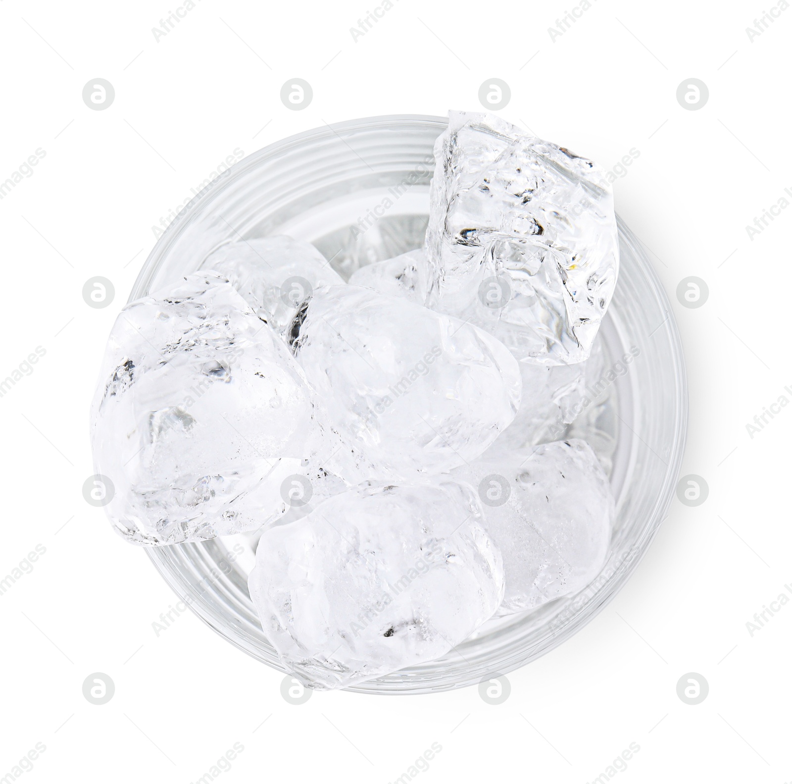 Photo of Refreshing water with ice cubes in glass isolated on white, top view