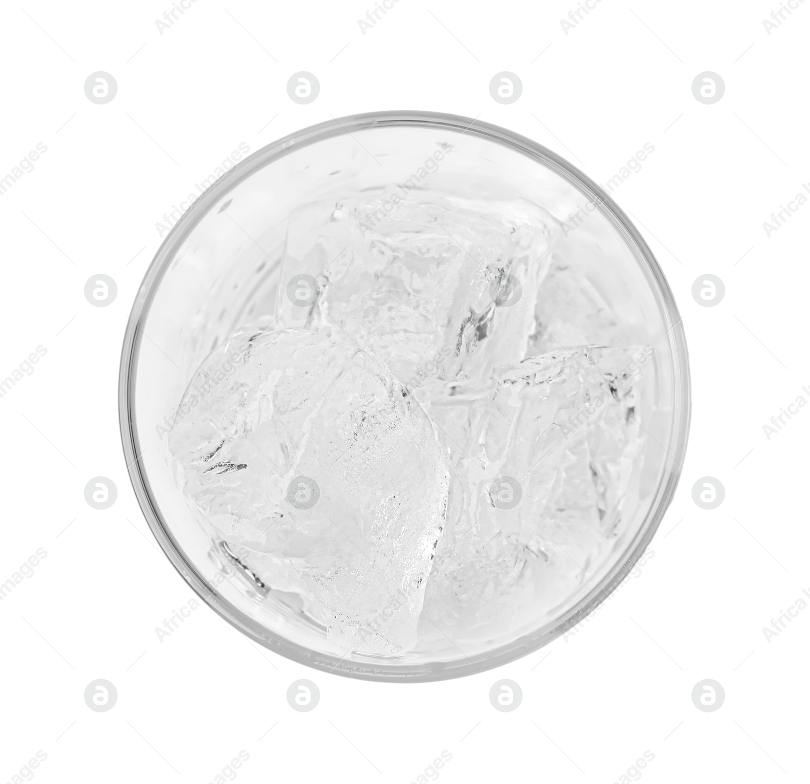 Photo of Refreshing water with ice cubes in glass isolated on white, top view