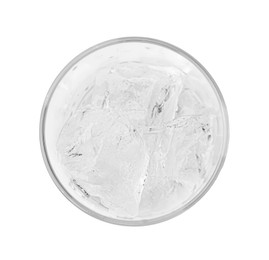 Refreshing water with ice cubes in glass isolated on white, top view