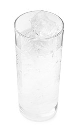 Refreshing water with ice cubes in glass isolated on white