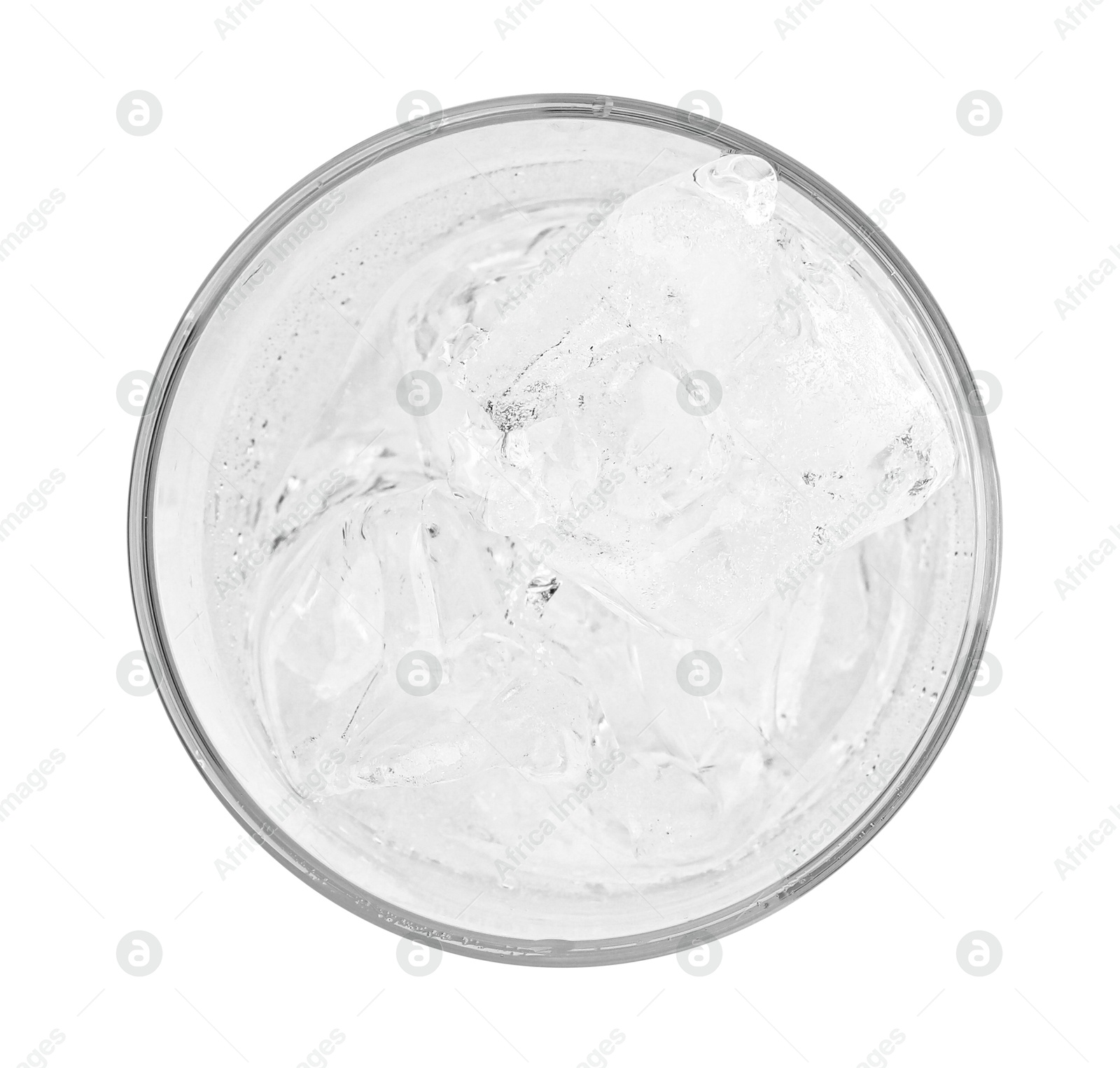 Photo of Refreshing water with ice cubes in glass isolated on white, top view