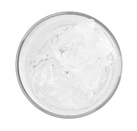 Refreshing water with ice cubes in glass isolated on white, top view