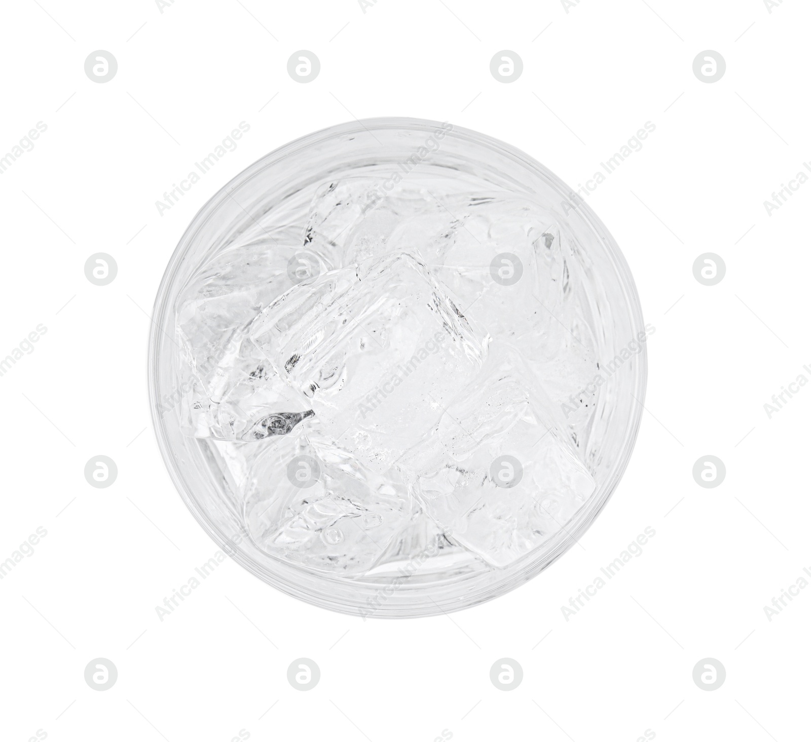 Photo of Refreshing water with ice cubes in glass isolated on white, top view