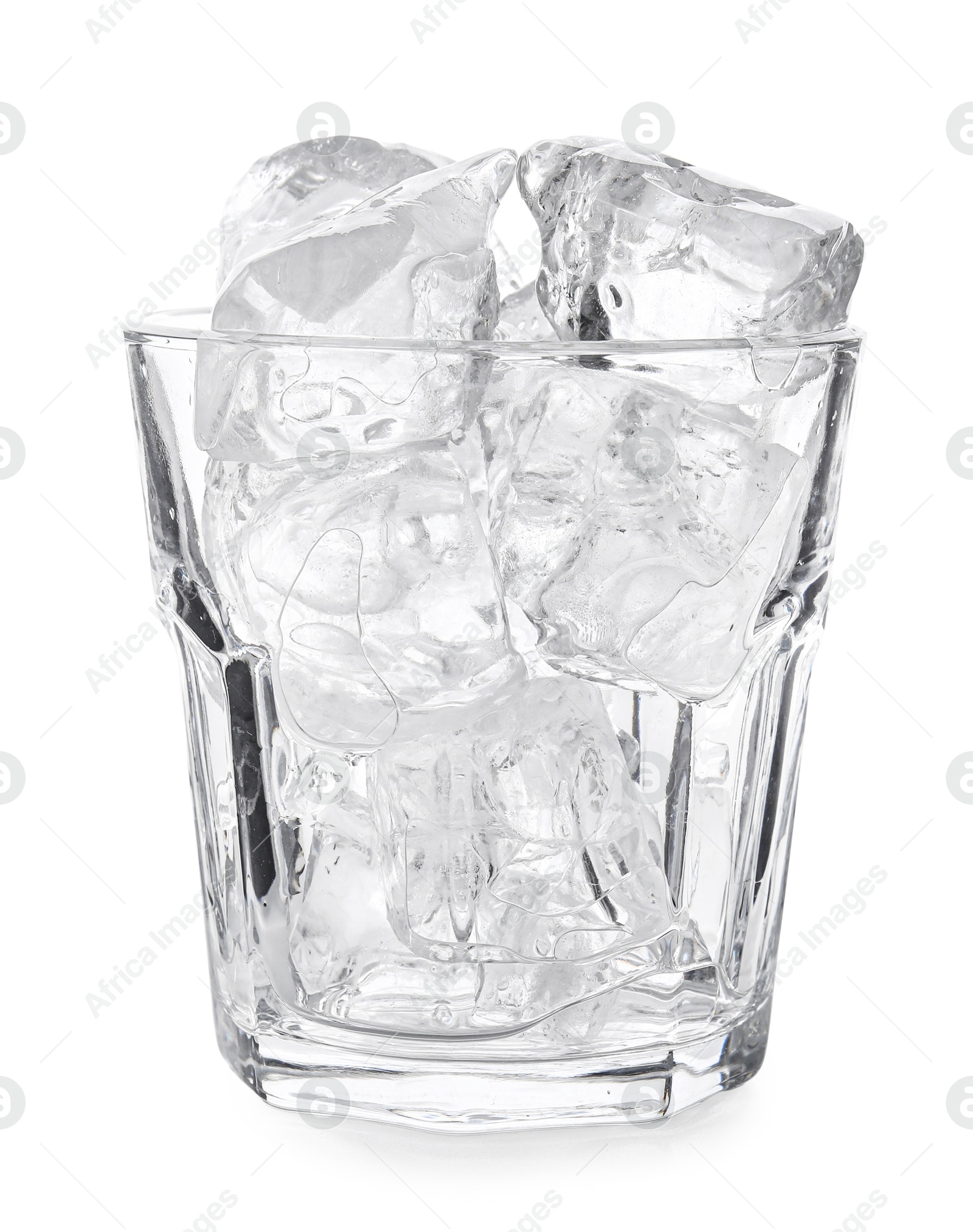 Photo of One glass with ice for refreshing drink isolated on white