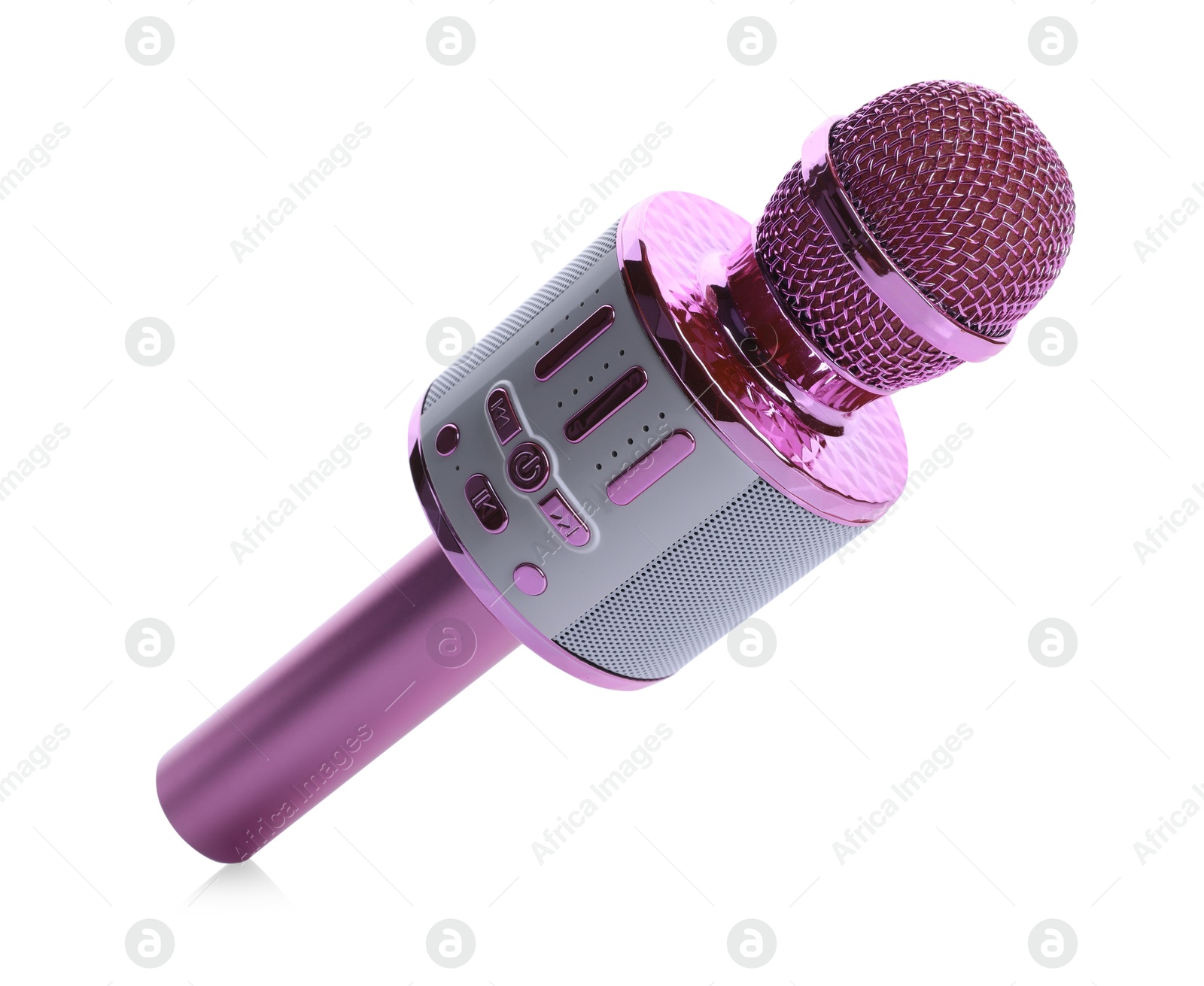 Photo of One pink karaoke microphone isolated on white