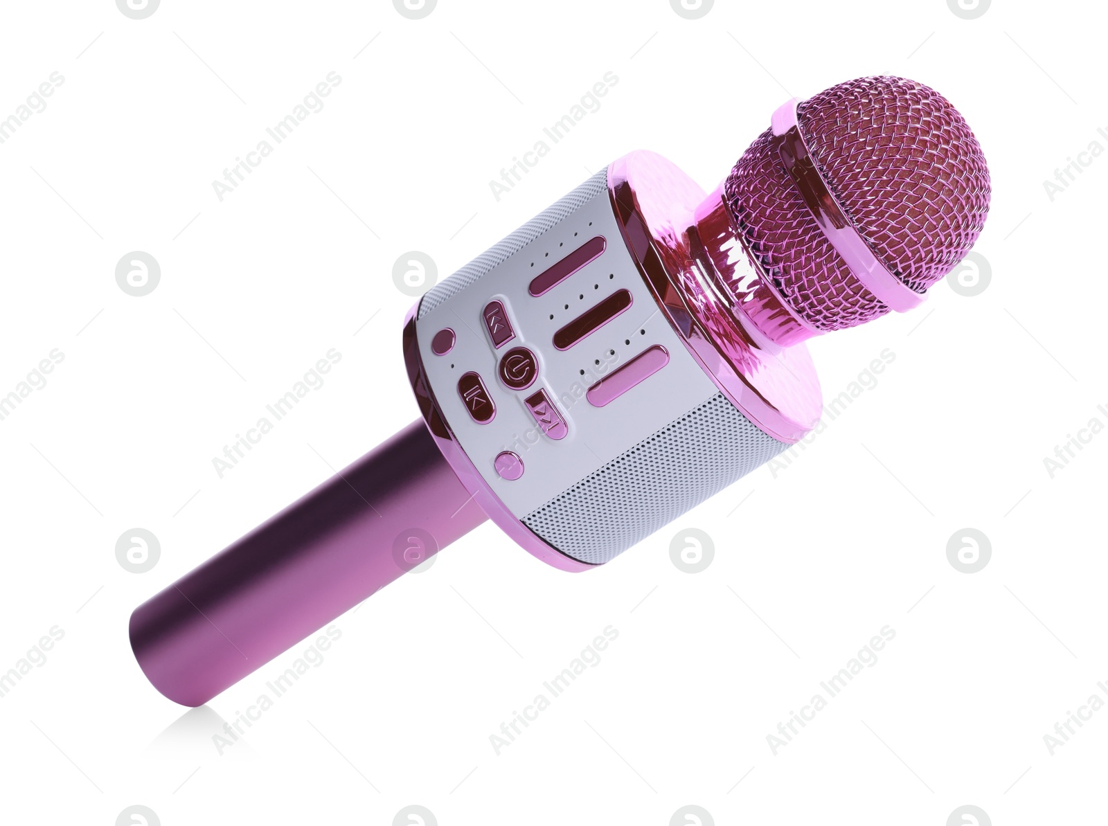 Photo of One pink karaoke microphone isolated on white