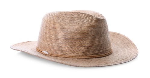 Photo of Straw hat isolated on white. Stylish headdress