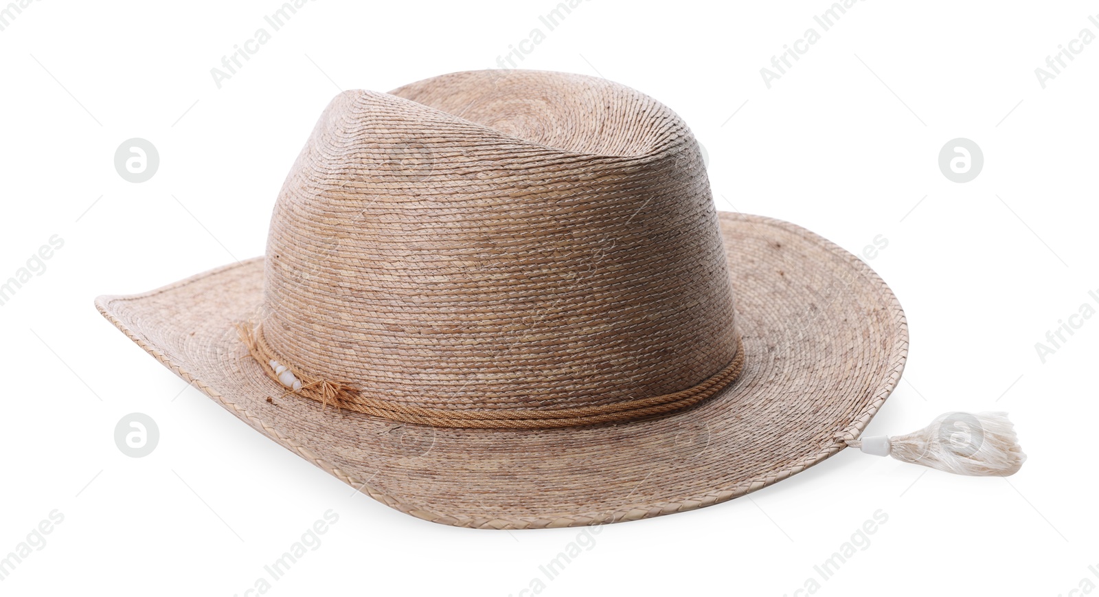 Photo of Straw hat isolated on white. Stylish headdress