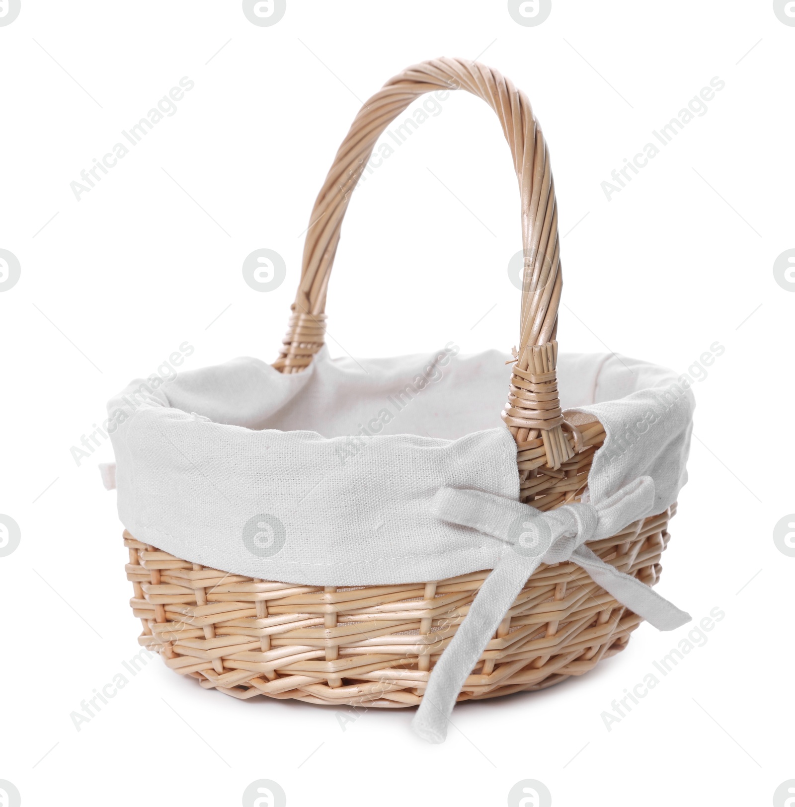 Photo of Beautiful empty wicker basket isolated on white