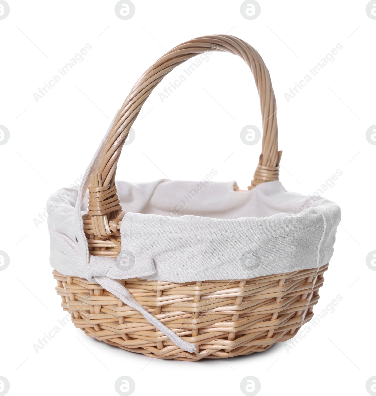 Photo of Beautiful empty wicker basket isolated on white