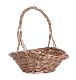 Photo of Beautiful empty wicker basket isolated on white