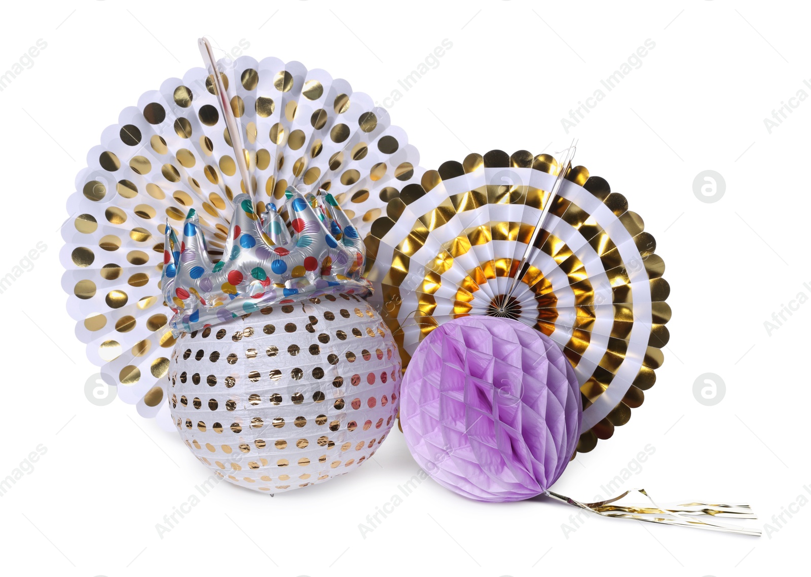 Photo of Different bright party decorations isolated on white