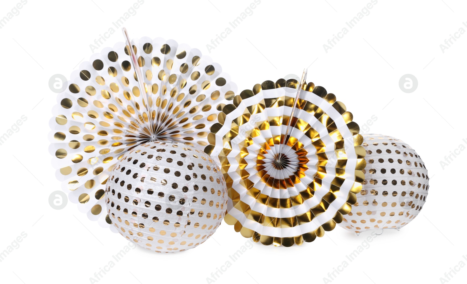 Photo of Different bright party decorations isolated on white