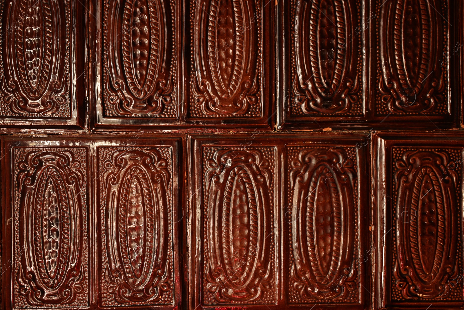 Photo of Beautiful brown ceramic tiles as background, closeup