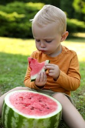 Photo of Cute little baby eating juicy watermelon on green grass outdoors