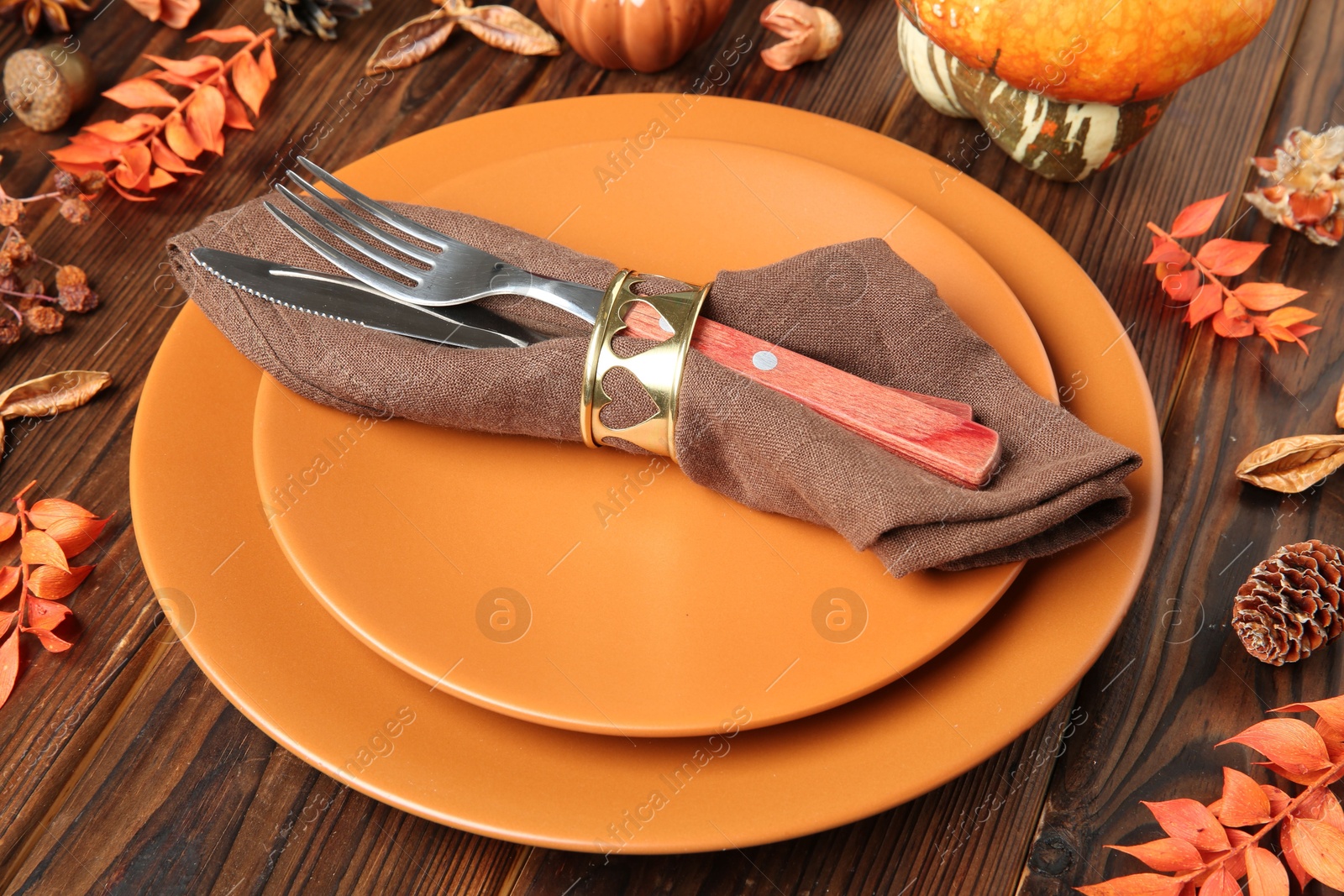 Photo of Stylish place setting with autumn decor on wooden table, closeup