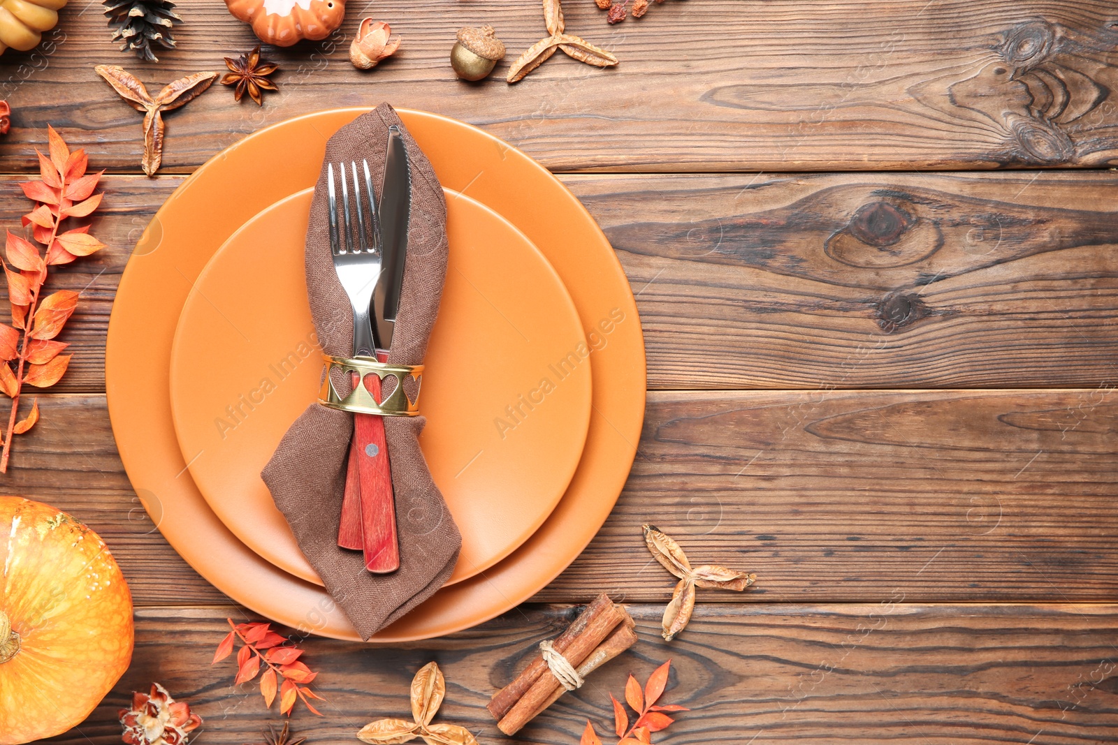 Photo of Stylish place setting and autumn decor on wooden table. Space for text