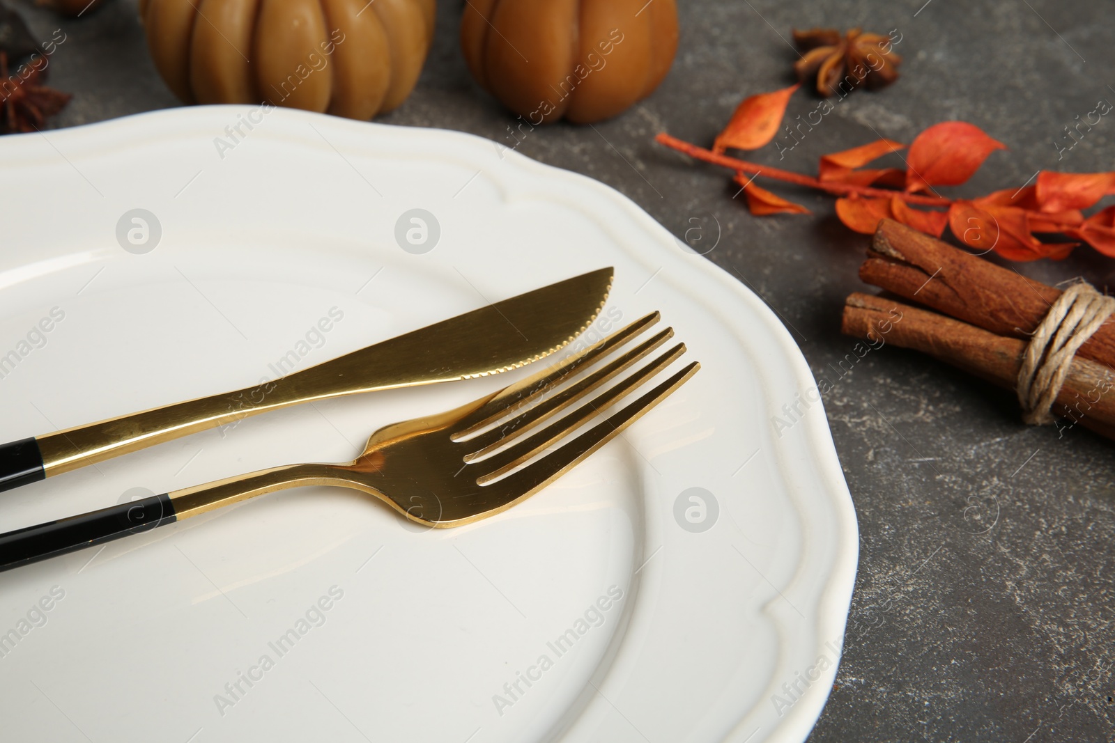 Photo of Stylish place setting and autumn decor on grey textured table, closeup