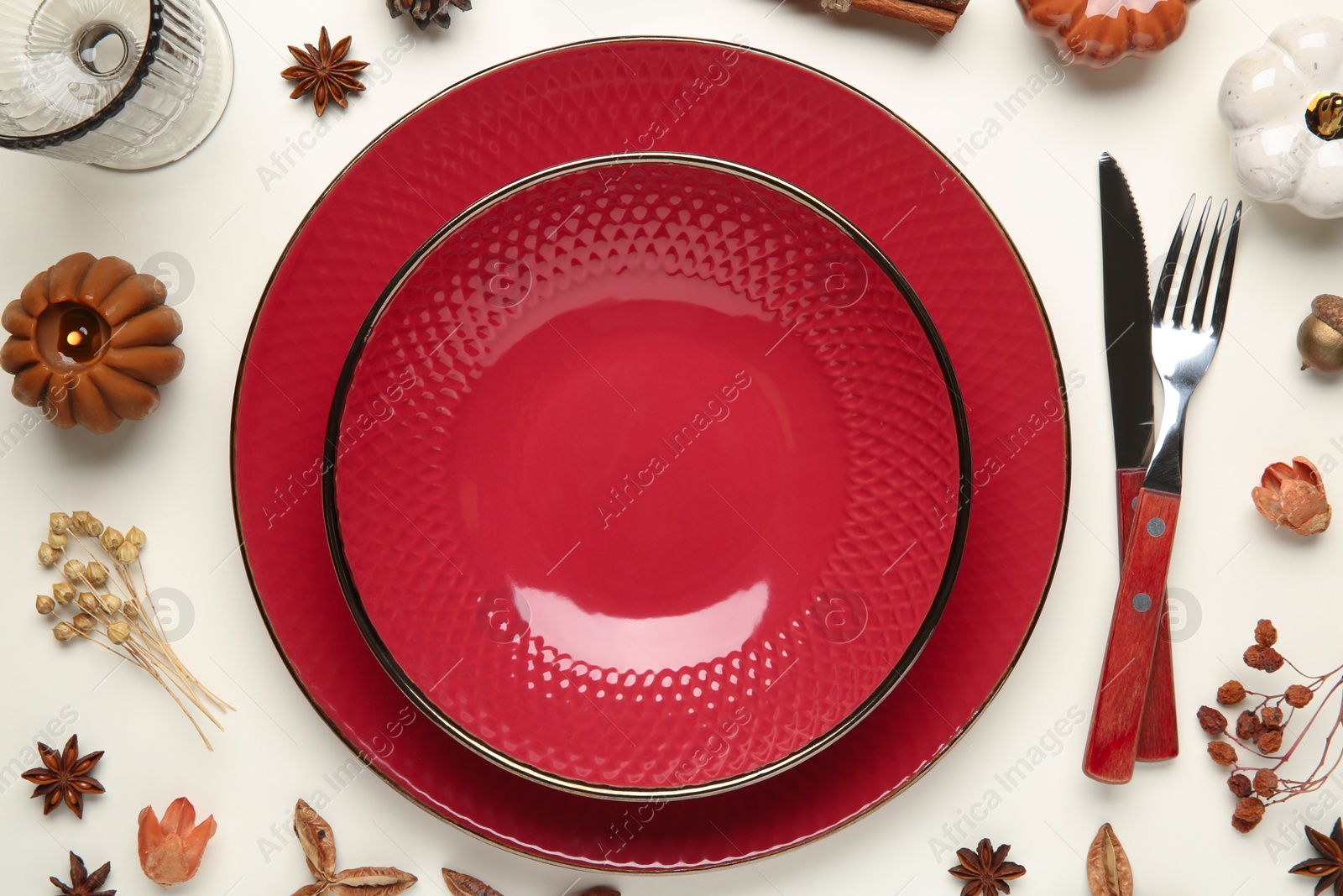 Photo of Stylish table setting and autumn decor on white background