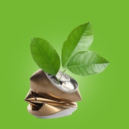 Image of Seedling with leaves growing from crumpled can on green background. Recycling