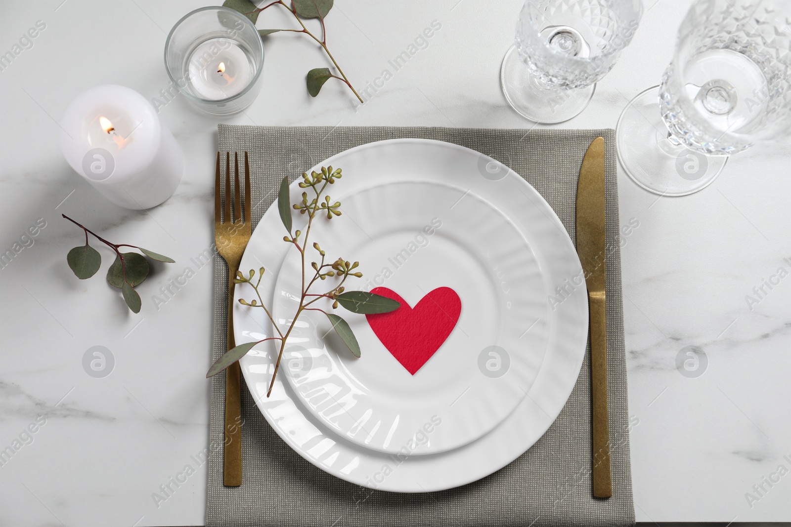 Image of Table setting for romantic Valentine's day celebration, top view