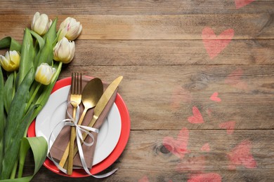 Image of Table setting for romantic Valentine's day celebration, top view. Plates, cutlery, flowers and hearts on wooden table, space for text