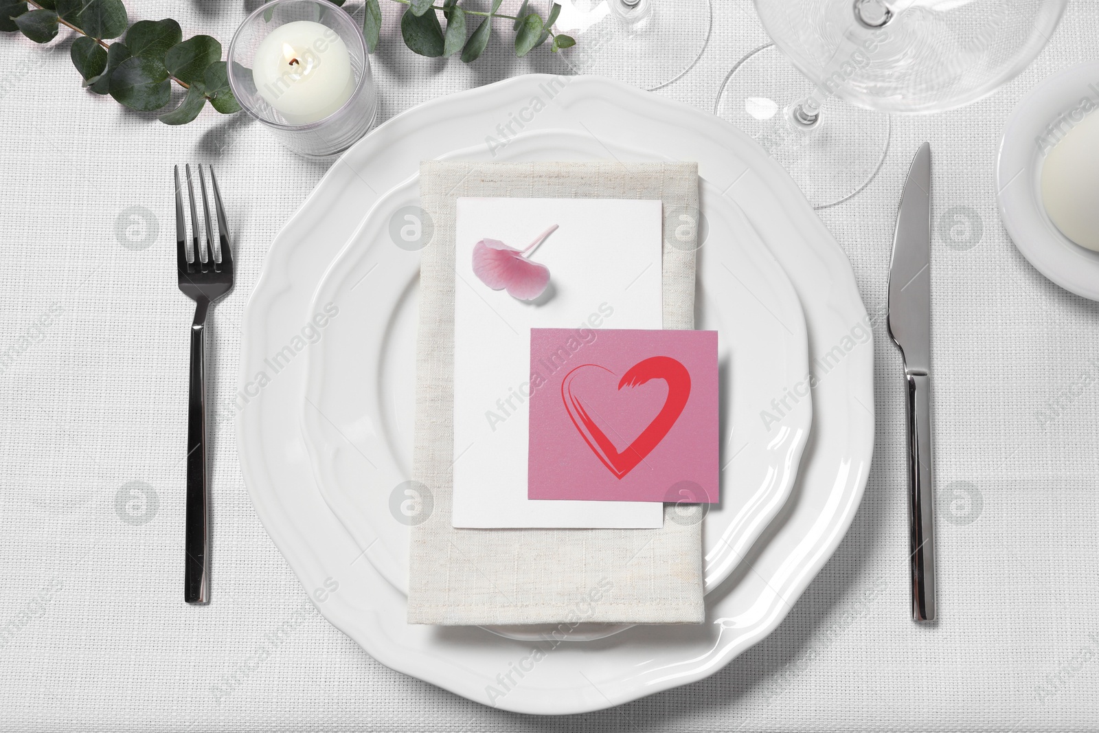 Image of Table setting for romantic Valentine's day celebration, top view