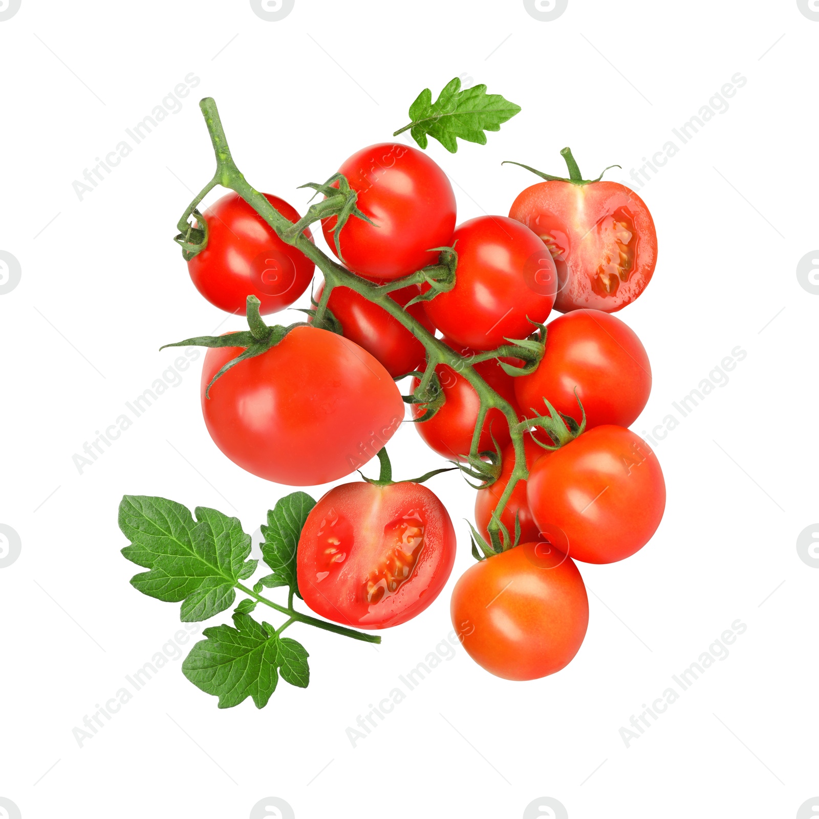 Image of Fresh tomatoes with green leaves in air on white background