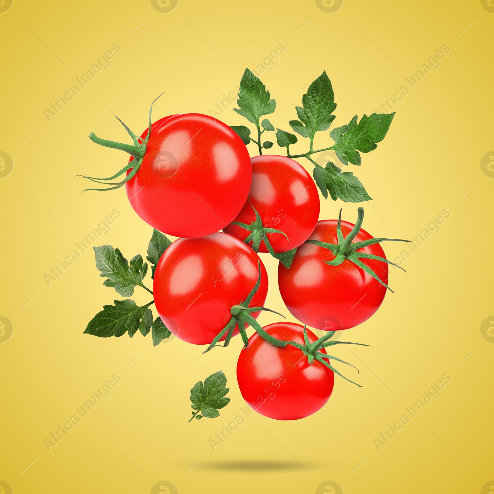 Image of Fresh tomatoes with green leaves falling on golden background