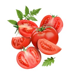 Image of Fresh tomatoes with green leaves in air on white background